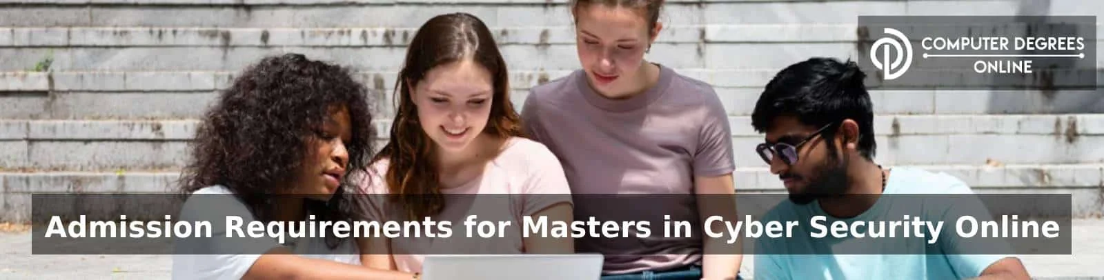 three women and one man sitting at the stairs and looking at the laptop with a big smile showcasing as the fulfillment of admission requirements.