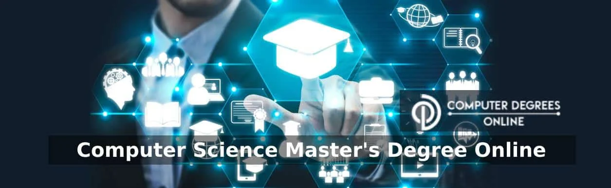 a person finger pointing on a digital screen where it displays a multiple images such as graduation hat , computer, human brain, people, certificates depicting as a online computer science masters program