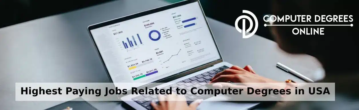 a student is sitting and watching in laptop a a graph and the data depicting a highest paying job in usa relaed to computer degree in usa