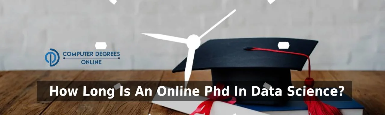 graduation hat, certificate, and a book kept on the table, and the clock symbol showing a time is placed on the center of the image showcasing duration of an online master's degree in data science.