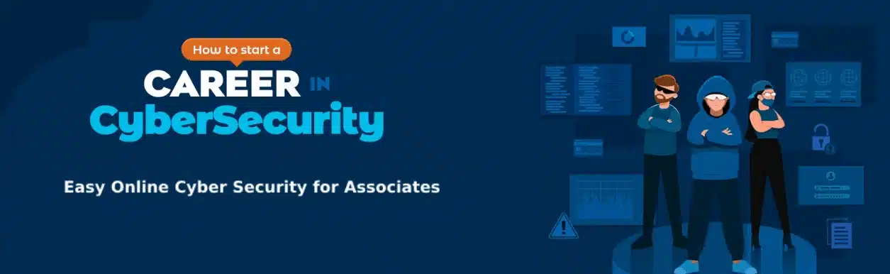 an image where 3 man are standing and in the blue backgroud there are lock and some data depicting a cyber securityand were its written how to start a career in cybersecurity