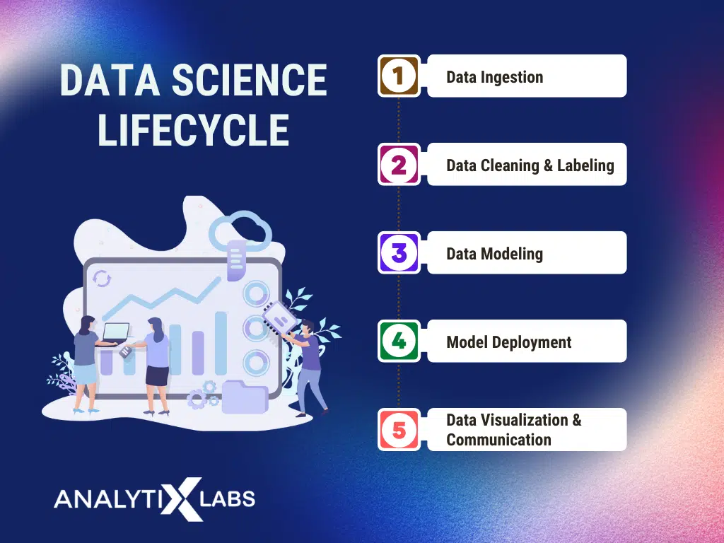 a poster of a data science lifecycle started with data ingestion and end with data visualization and communication