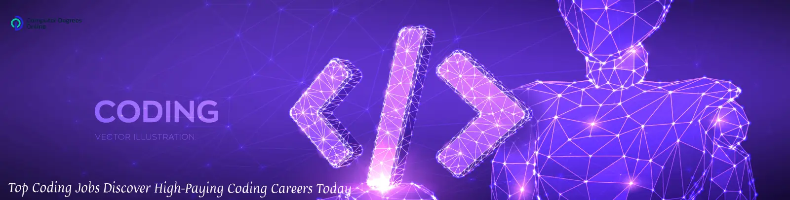 A futuristic digital illustration of a humanoid figure made of glowing purple wireframe lines, with large code symbols (< />) representing coding and programming concepts.