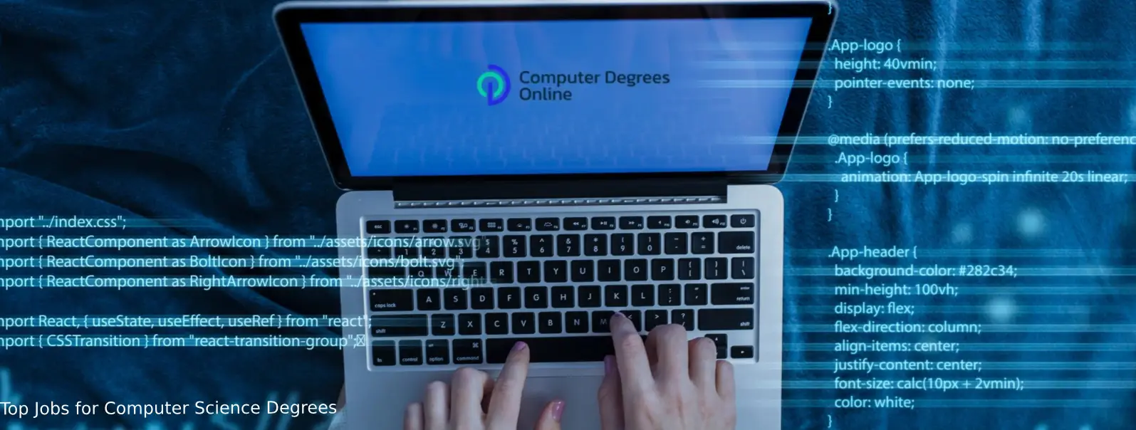 Person typing on a laptop with an overlay of programming code snippets.