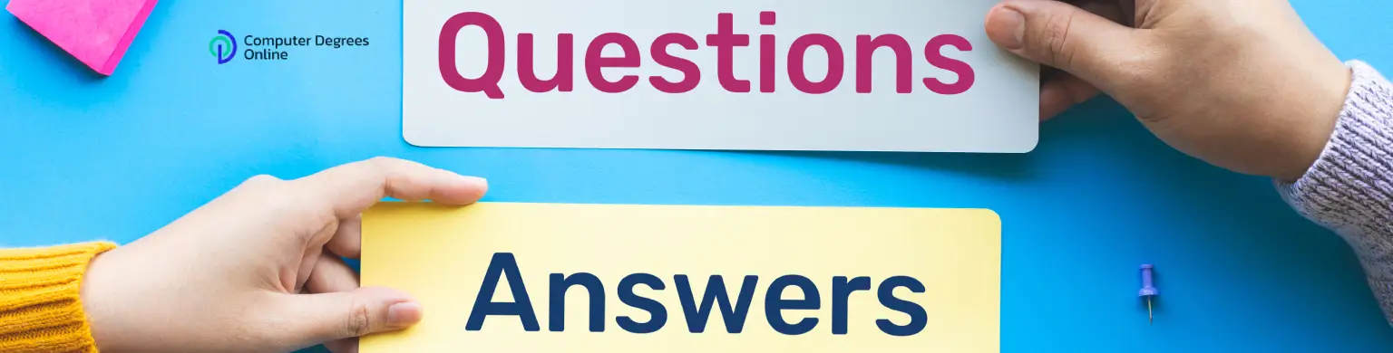 Two hands holding signs labeled “Questions” and “Answers” on a bright blue background