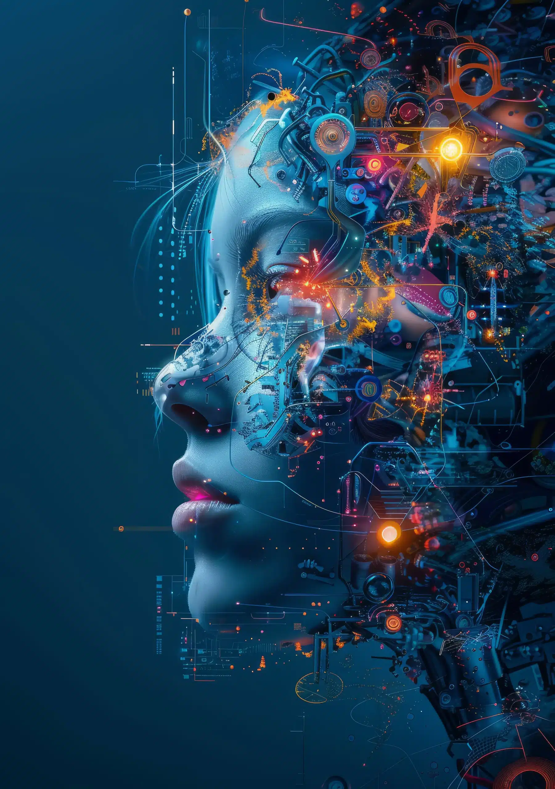 Futuristic digital artwork of a human-like AI figure with intricate cybernetic and neural connections, symbolizing advanced artificial intelligence and technology.