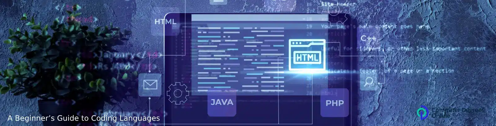 Laptop displaying code with floating programming language icons (HTML, Java, PHP, JS) against a dark, textured background.